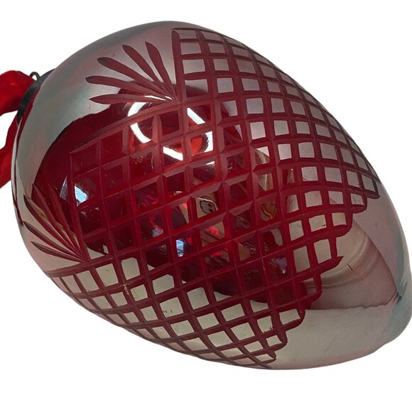 Christmas jumbo glass silver egg ornament red etching metal finial India 8" - Picture 5 of 9